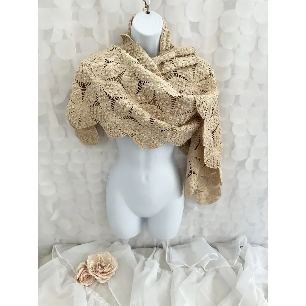Vintage 60S Beige 100% Cotton HAND CROCHET LACE Pashima Wrap Bride Boho
